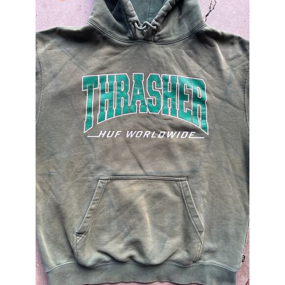 Thrasher X HUF worldwide Bleach dyed pentagram green grunge hoodie L - Picture 3 of 6